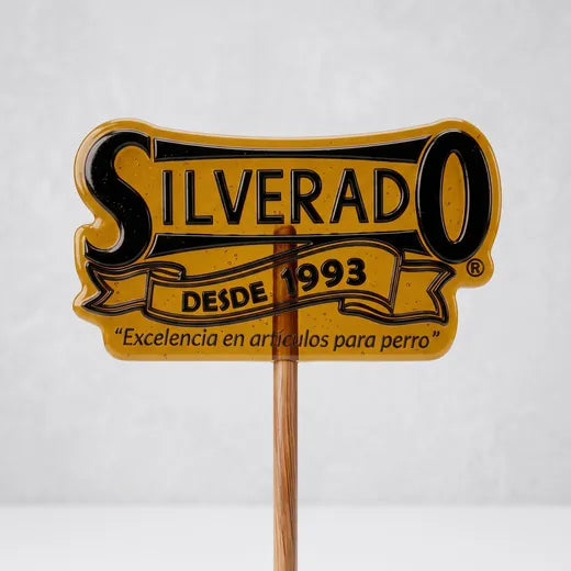 Paleta de caramelo con el logo de Silverado, artículos para perro desde 1993